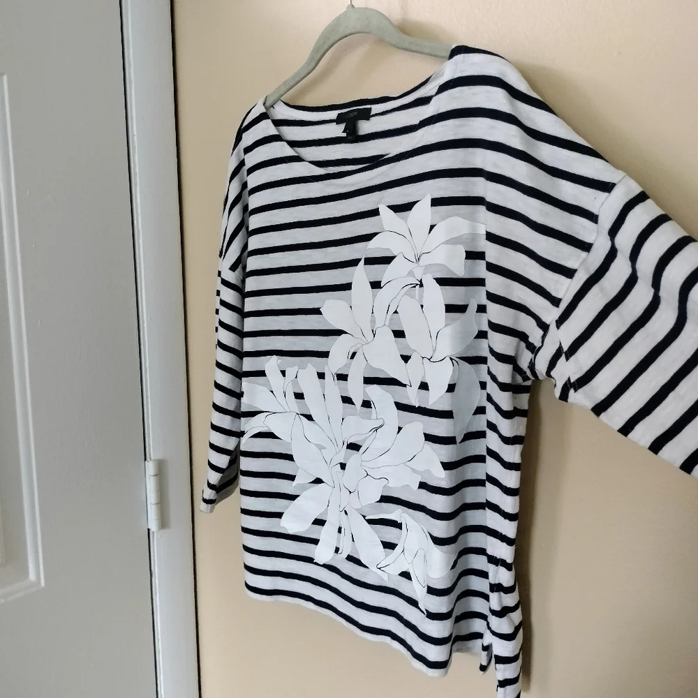 J Crew women long sleeve Cotton Blue white striped floral Top shirt L Nautical